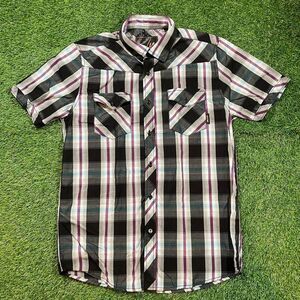 Y2K Amplify purple plaid button up shirt with skull button detail Size M